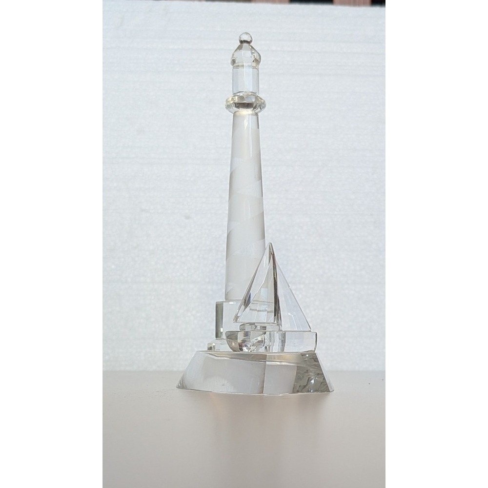 Crystal Glass Lighthouse and Sailboat Figurine Nautical Paperweight Decor 9in